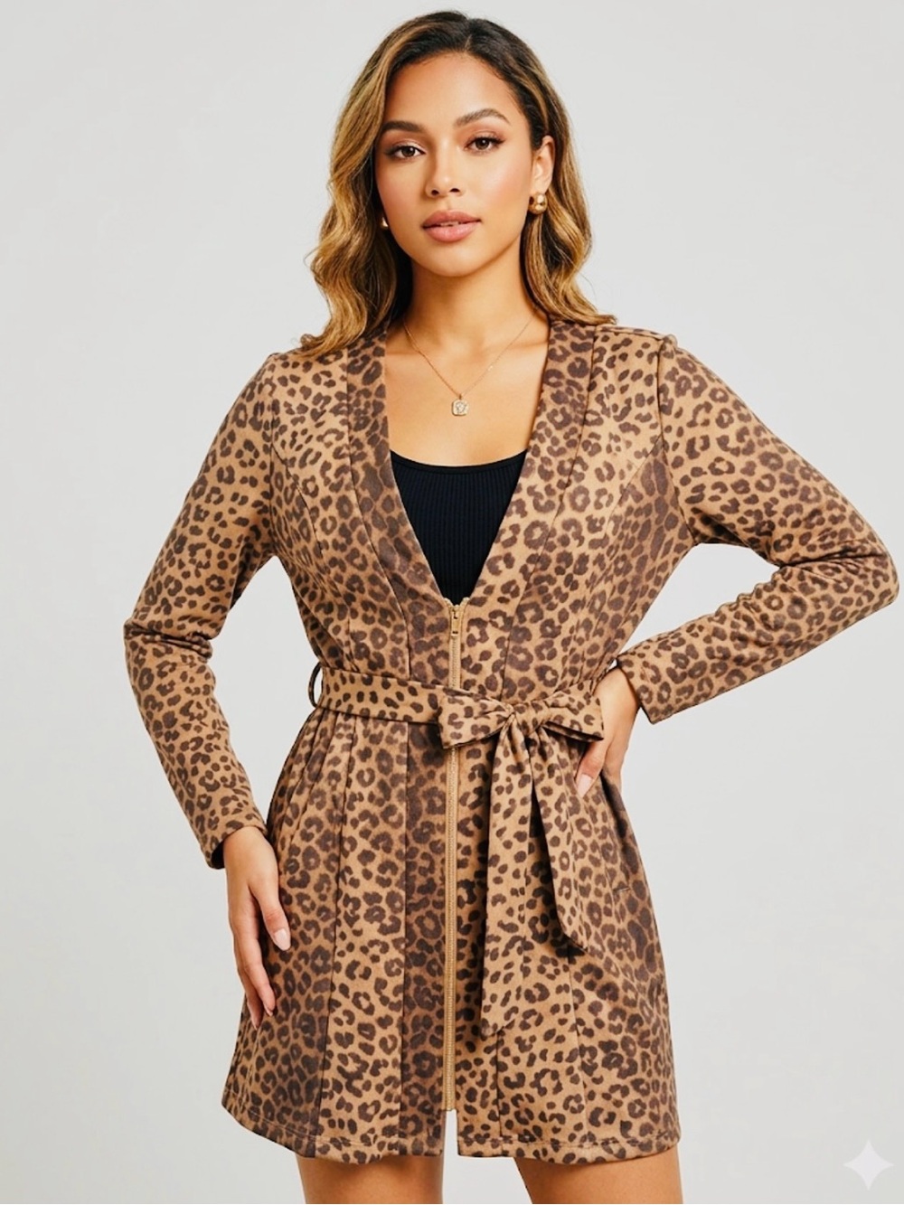 Papaya Leopard Print Long Jacket Zip Up Belted Coat Size L